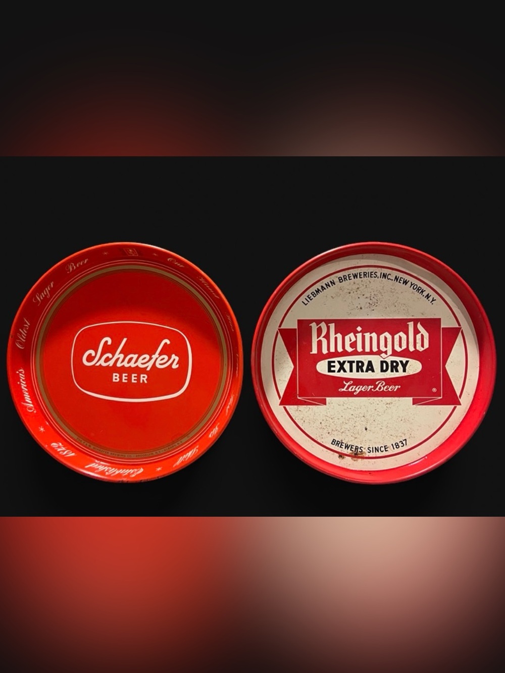 Set of 2 Mid-century metal beer advertising serving trays 11.5” diameter